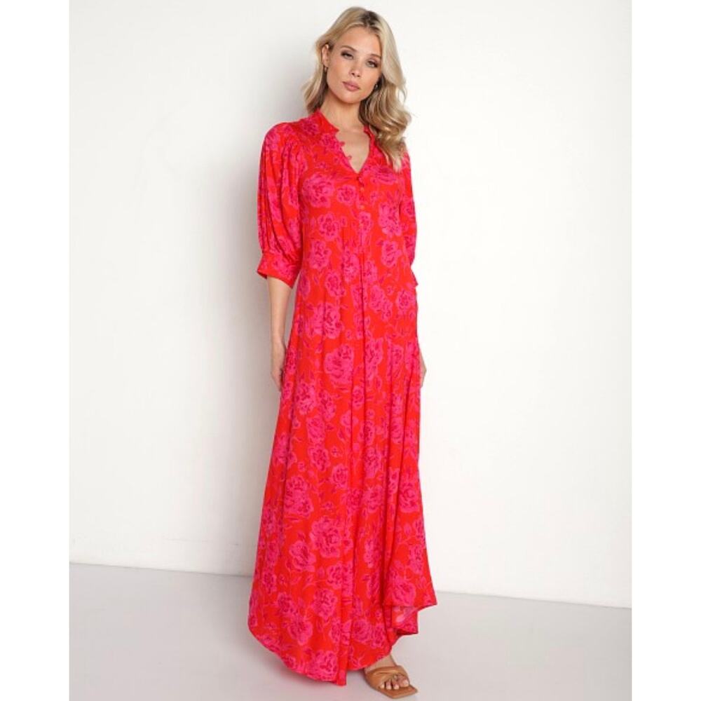 Jen's Pirate Booty Neon Electro Floral Saloon Maxi Dress 3/4 Sleeves Pink Medium
